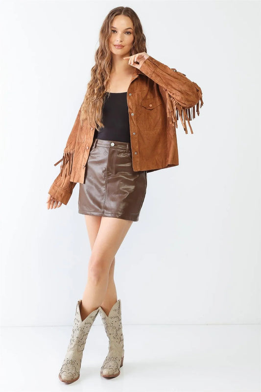 Camel Suede Leather Fringe Collared Neck Two Pocket Long Sleeve Jacket /2-2-2 - Tasha Apparel Wholesale