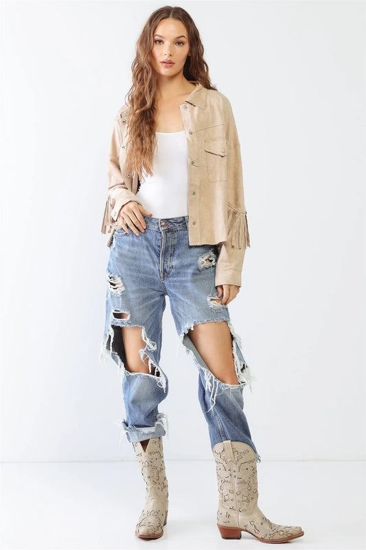 Ecru Suede Leather Fringe Collared Neck Two Pocket Long Sleeve Jacket /2-2-2 - Tasha Apparel Wholesale