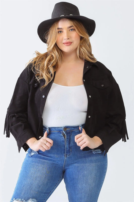 Junior Plus Black Suede Leather Fringe Collared Neck Two Pocket Long Sleeve Jacket /1-1-1 - Tasha Apparel Wholesale