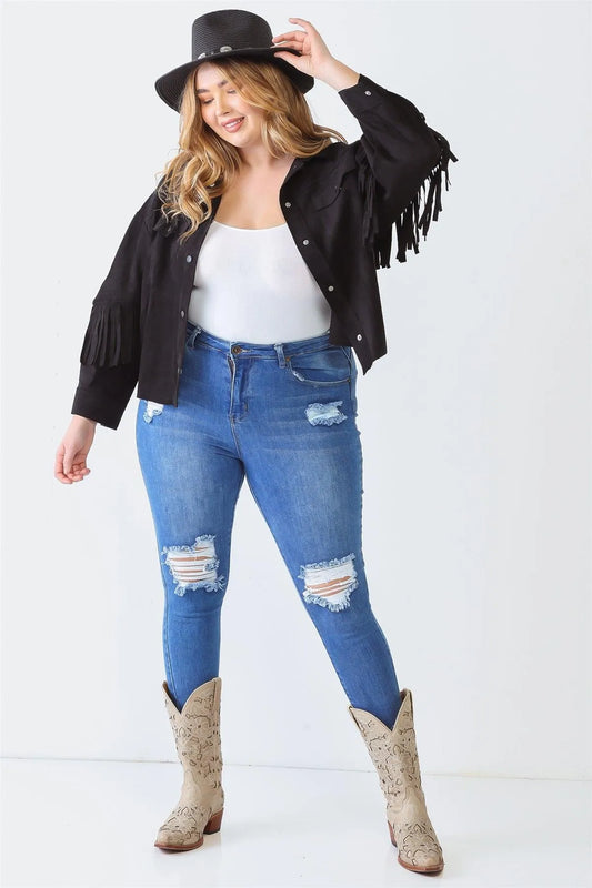 Junior Plus Black Suede Leather Fringe Collared Neck Two Pocket Long Sleeve Jacket /3-2-1 - Tasha Apparel Wholesale
