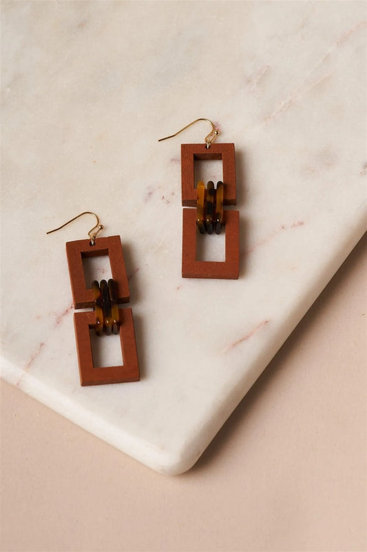 Brown-Wood Square Chain Drop Earrings /6 Pairs - Tasha Apparel Wholesale