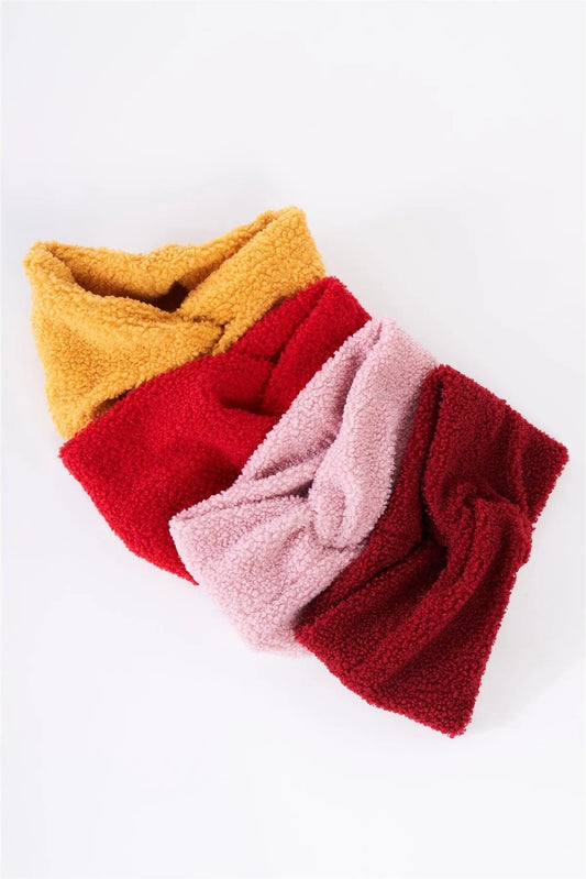 Burgundy Faux Shearling Fur Turban Twist Headband /3 Pieces - Tasha Apparel Wholesale