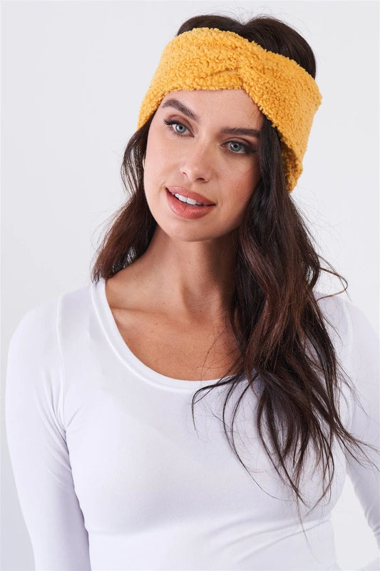 Mustard Yellow Faux Shearling Fur Turban Twist Headband /3 Pieces - Tasha Apparel Wholesale