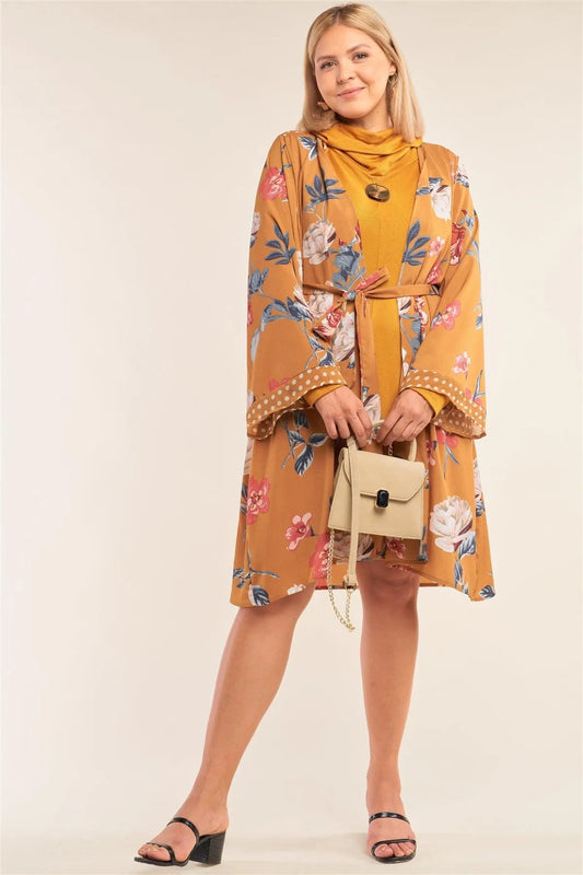 Junior Plus Size Mustard Floral Print Open Front Polka Dot Hem Sleeve Self-Tie Waist Kimono/Cover Up /3-2-1 - Tasha Apparel Wholesale