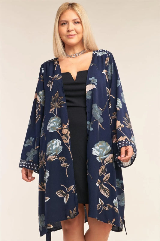 Junior Plus Size Navy Blue Floral Print Open Front Polka Dot Hem Sleeve Self-Tie Waist Kimono/Cover Up /3-2-1 - Tasha Apparel Wholesale