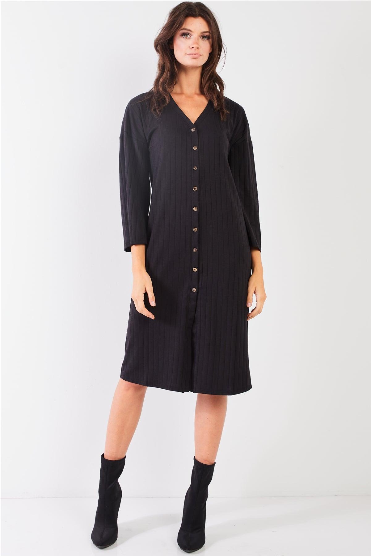 Black Striped Ribbed V-Neck 3/4 Sleeve Button-Down Straight Fit Relaxed Midi Dress /2-2-2