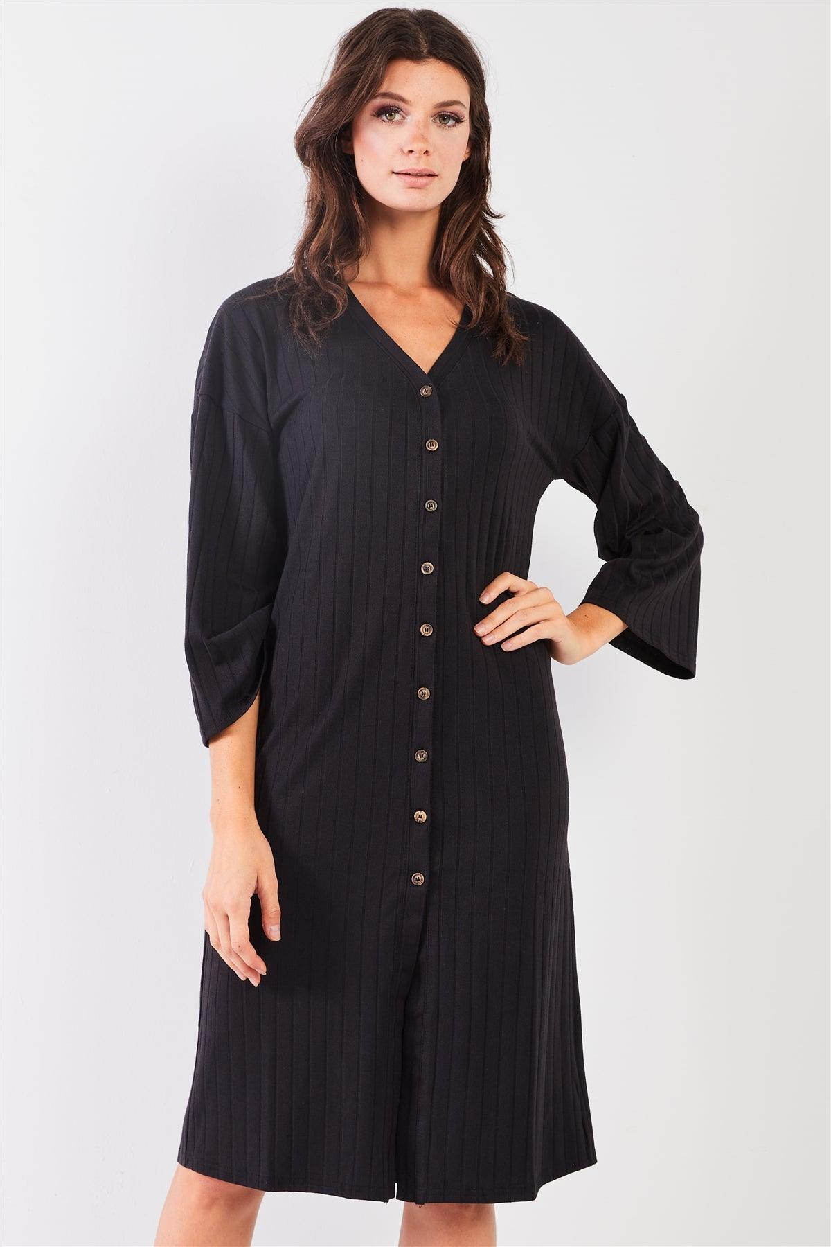 Black Striped Ribbed V-Neck 3/4 Sleeve Button-Down Straight Fit Relaxed Midi Dress /2-2-2