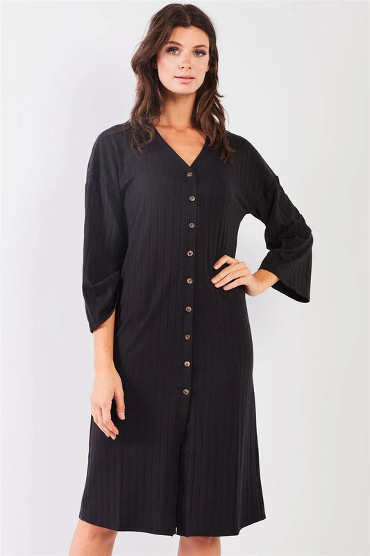 Black Striped Ribbed V-Neck 3/4 Sleeve Button-Down Straight Fit Relaxed Midi Dress /1-3-2 - Tasha Apparel Wholesale