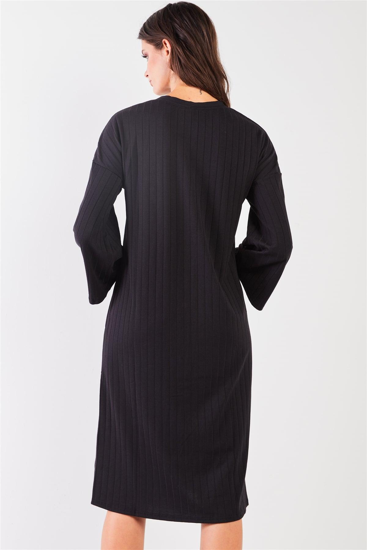 Black Striped Ribbed V-Neck 3/4 Sleeve Button-Down Straight Fit Relaxed Midi Dress /1-3-2