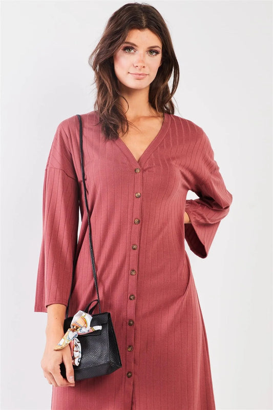 Brick-Red Striped Ribbed V-Neck 3/4 Sleeve Button-Down Straight Fit Relaxed Midi Dress /2-2 - Tasha Apparel Wholesale