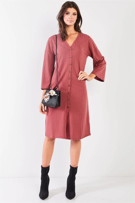 Brick-Red Striped Ribbed V-Neck 3/4 Sleeve Button-Down Straight Fit Relaxed Midi Dress /2-2-2 - Tasha Apparel Wholesale