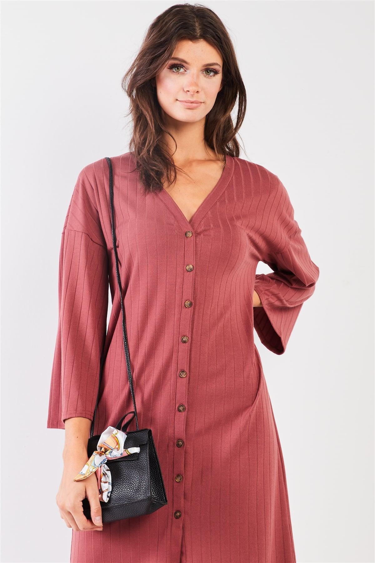 Brick-Red Striped Ribbed V-Neck 3/4 Sleeve Button-Down Straight Fit Relaxed Midi Dress /2-2-2