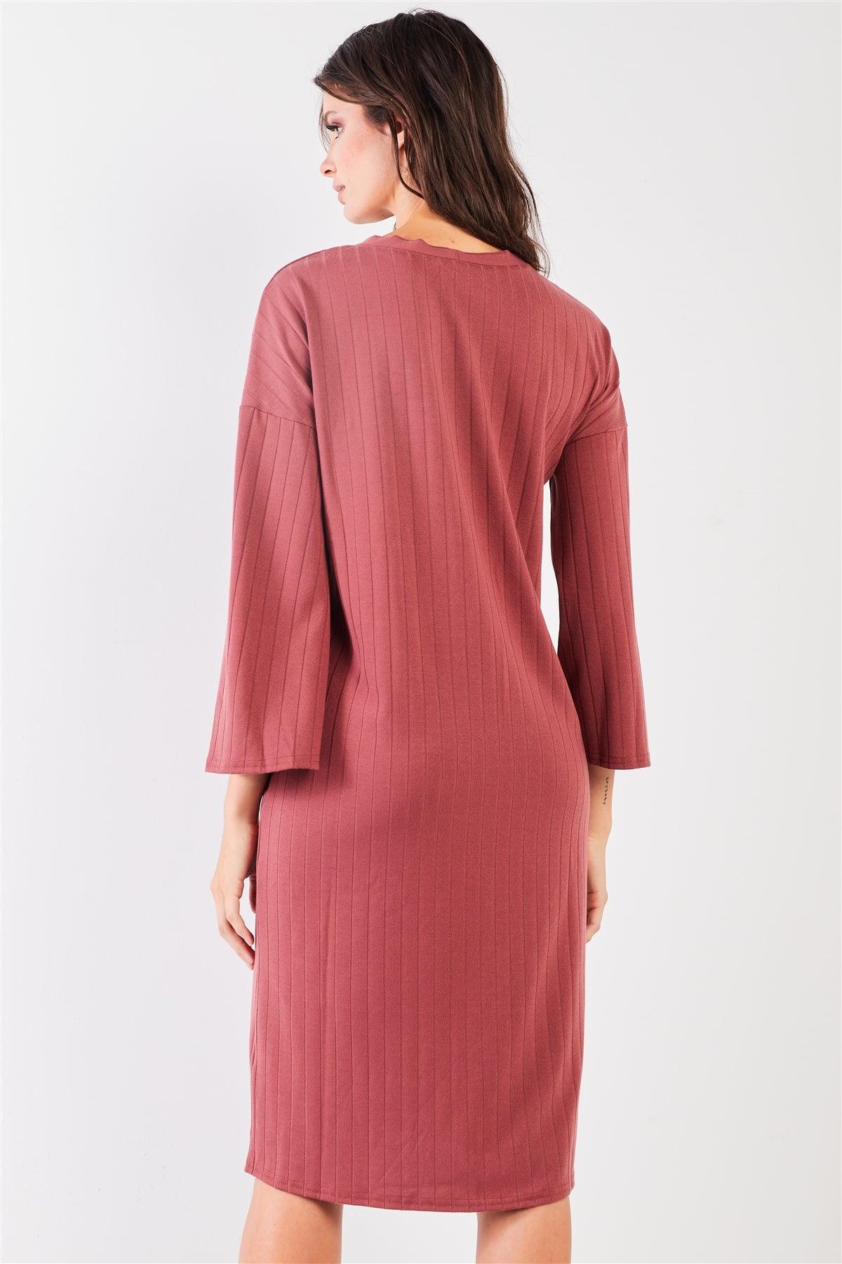 Brick-Red Striped Ribbed V-Neck 3/4 Sleeve Button-Down Straight Fit Relaxed Midi Dress /2-2-2
