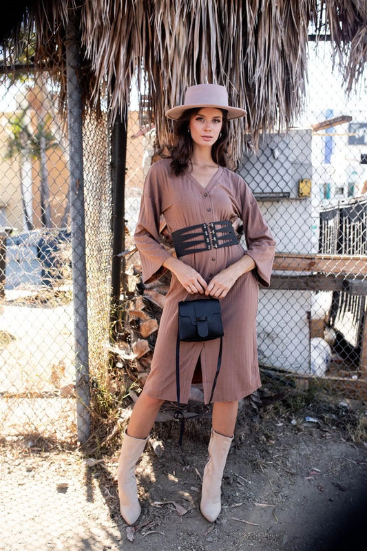 Mocha Striped Ribbed V-Neck 3/4 Sleeve Button-Down Straight Fit Relaxed Midi Dress /2-3 - Tasha Apparel Wholesale