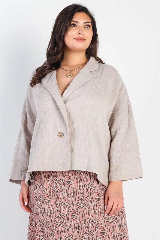 Junior Plus Grey Button-Up Collared Neck Long Sleeve Blazer /3-2-1 - Tasha Apparel Wholesale