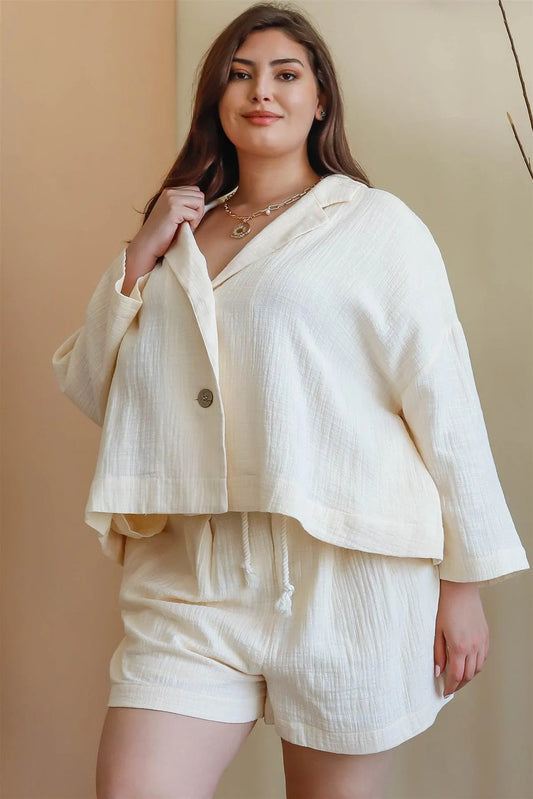 Junior Plus Ecru Button-Up Collared Neck Blazer & High Waist Shorts Set /2-2-1 - Tasha Apparel Wholesale