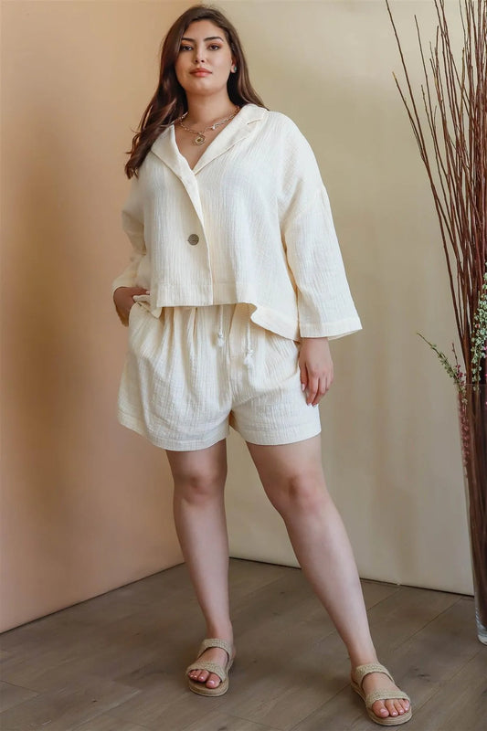 Junior Plus Ecru Button-Up Collared Neck Blazer High Waist Shorts Set /3-2-1 - Tasha Apparel Wholesale