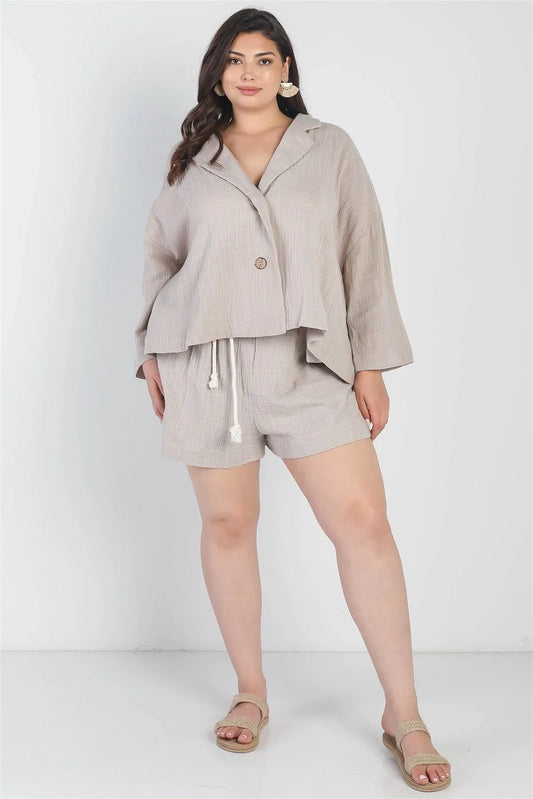 Junior Plus Grey Button-Up Collared Neck Blazer High Waist Shorts Set /3-2-1 - Tasha Apparel Wholesale