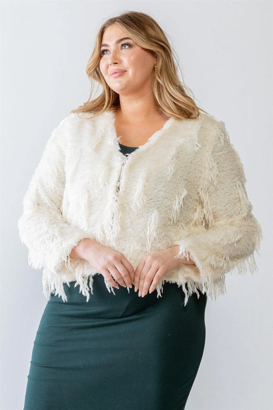 Plus Size Feathered Fringe V-Neck Sweater Cardigan /3-2-1 - Tasha Apparel Wholesale