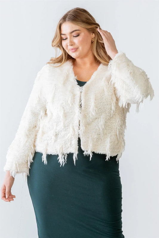 Junior Plus Cream Feathered Fringe V-Neck Long Sleeve Cardigan Sweater /2-3-1 - Tasha Apparel Wholesale