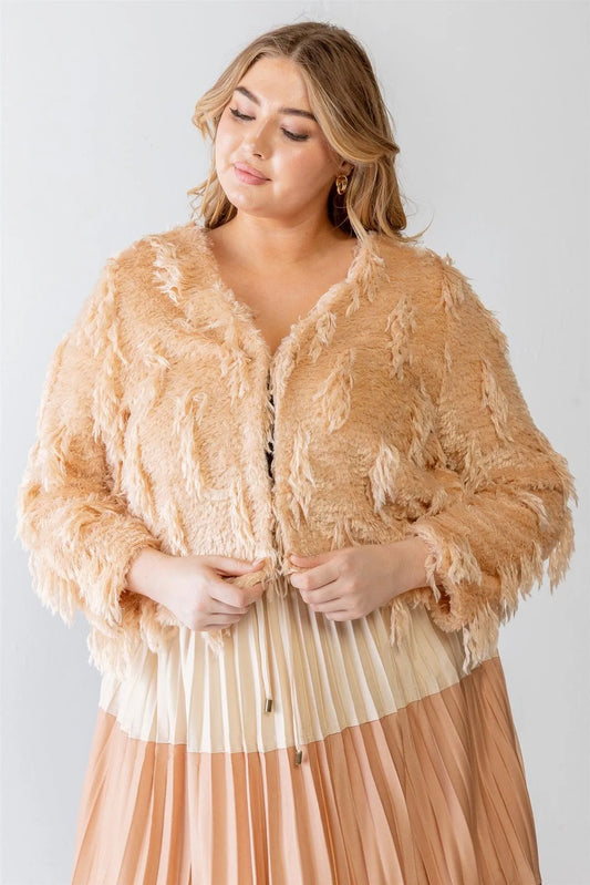Plus Size Luxe Shaggy Feathered Fringe Crop Jacket /1-2-1 - Tasha Apparel Wholesale