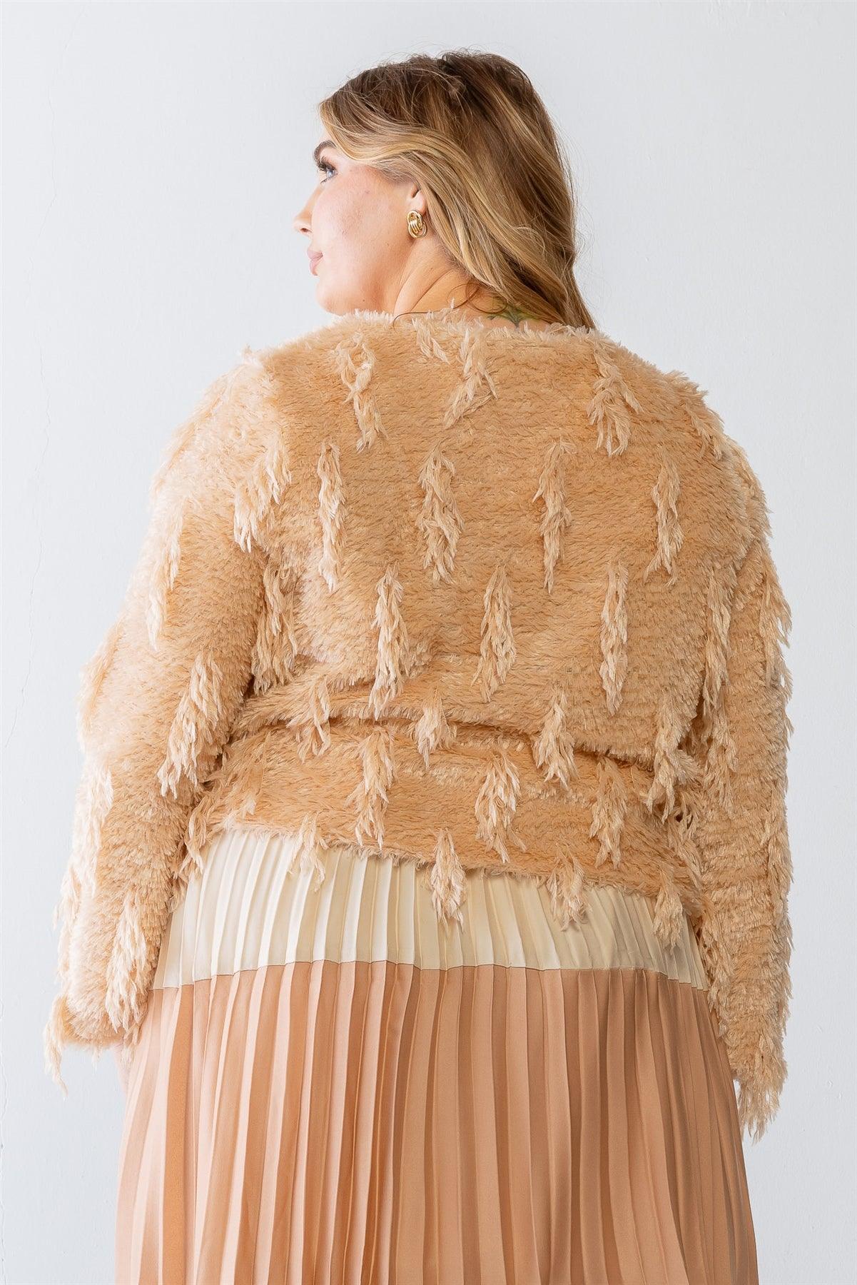 Junior Plus Taupe Feathered Fringe V-Neck Long Sleeve Cardigan Sweater /1-2-1