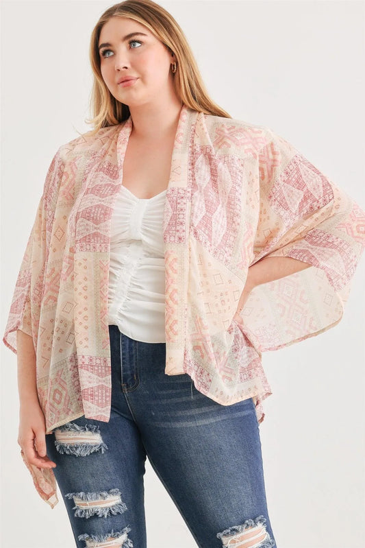 Junior Plus Berry Tribal Print Chiffon Open Front Kimono/Cover Up /2-2-1 - Tasha Apparel Wholesale