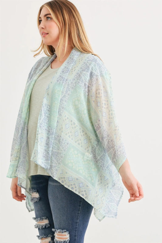 Junior Plus Mint Tribal Print Chiffon Open Front Kimono/Cover Up /1-2-1 - Tasha Apparel Wholesale