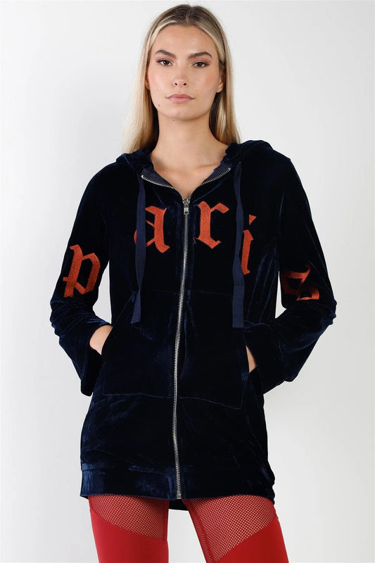 Navy Oversized Graphic Letters Zip Up Hoodie Sweater /2-2-1 - Tasha Apparel Wholesale