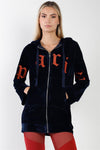 Navy Oversized Graphic Letters Long Zip Up Hoodie Drawstring Sweater /3-2-1