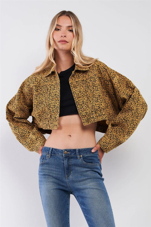 Street Retro Mustard & Black Leopard Print Balloon Sleeve Distressed Crop Jacket /3-2-1 - Tasha Apparel Wholesale