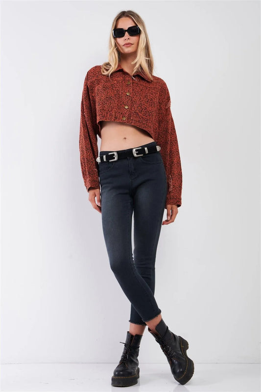 Street Retro Sienna & Black Leopard Print Balloon Sleeve Distressed Crop Jacket /3-2-1 - Tasha Apparel Wholesale