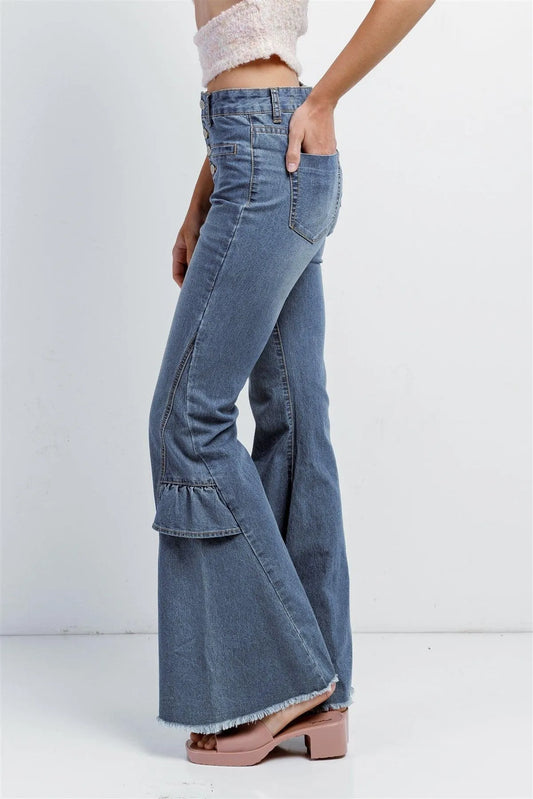 Denim High Waist Flare Raw Hem Jeans Pants /3-3-3-1-1 - Tasha Apparel Wholesale