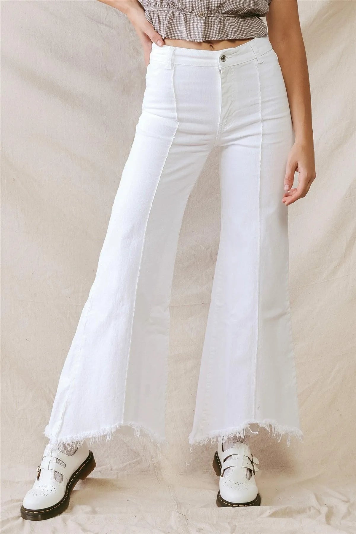 White Denim High Waist Cotton Material Wide Leg Raw Hem Pants /2-4-3-2-2-1 - Tasha Apparel Wholesale