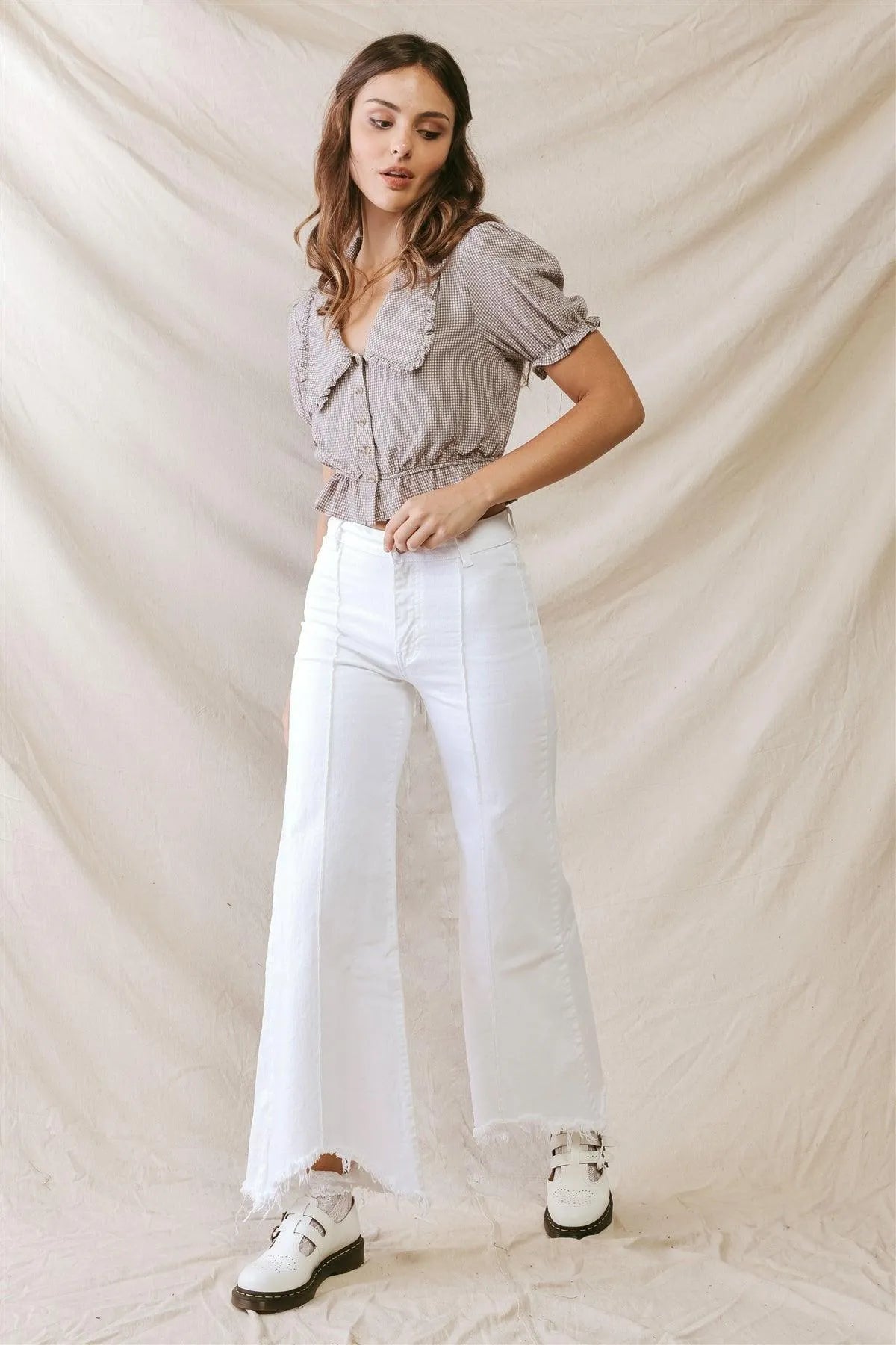 White Denim High Waist Cotton Material Wide Leg Raw Hem Pants /2-4-3-2-2-1 - Tasha Apparel Wholesale