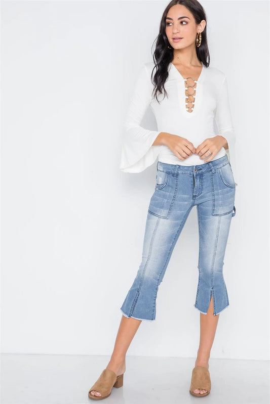 Denim Light Blue Mid-Rise Flare Cropped Jeans - Tasha Apparel Wholesale