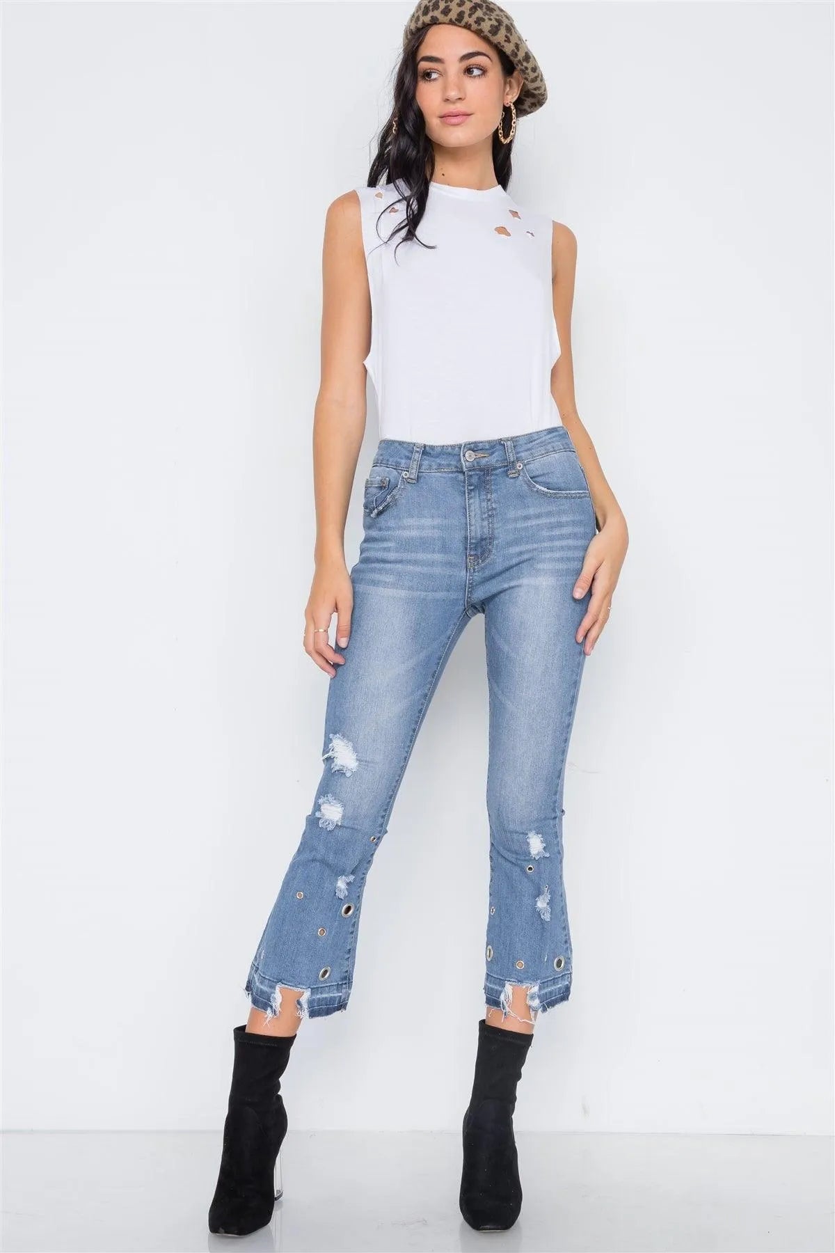 Medium Blue Denim Distressed Flare Ankle Jeans /2-3-3-2-2-2 - Tasha Apparel Wholesale