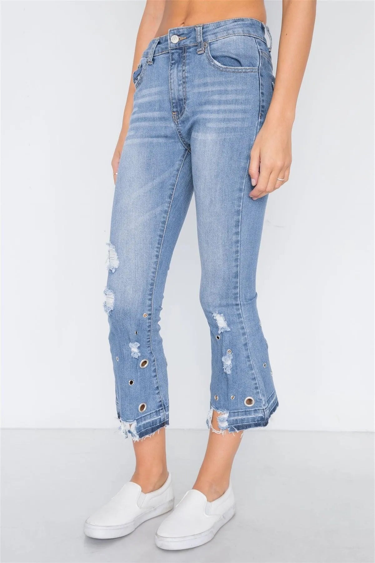 Medium Blue Denim Distressed Flare Ankle Jeans /2-3-3-2-2-2 - Tasha Apparel Wholesale