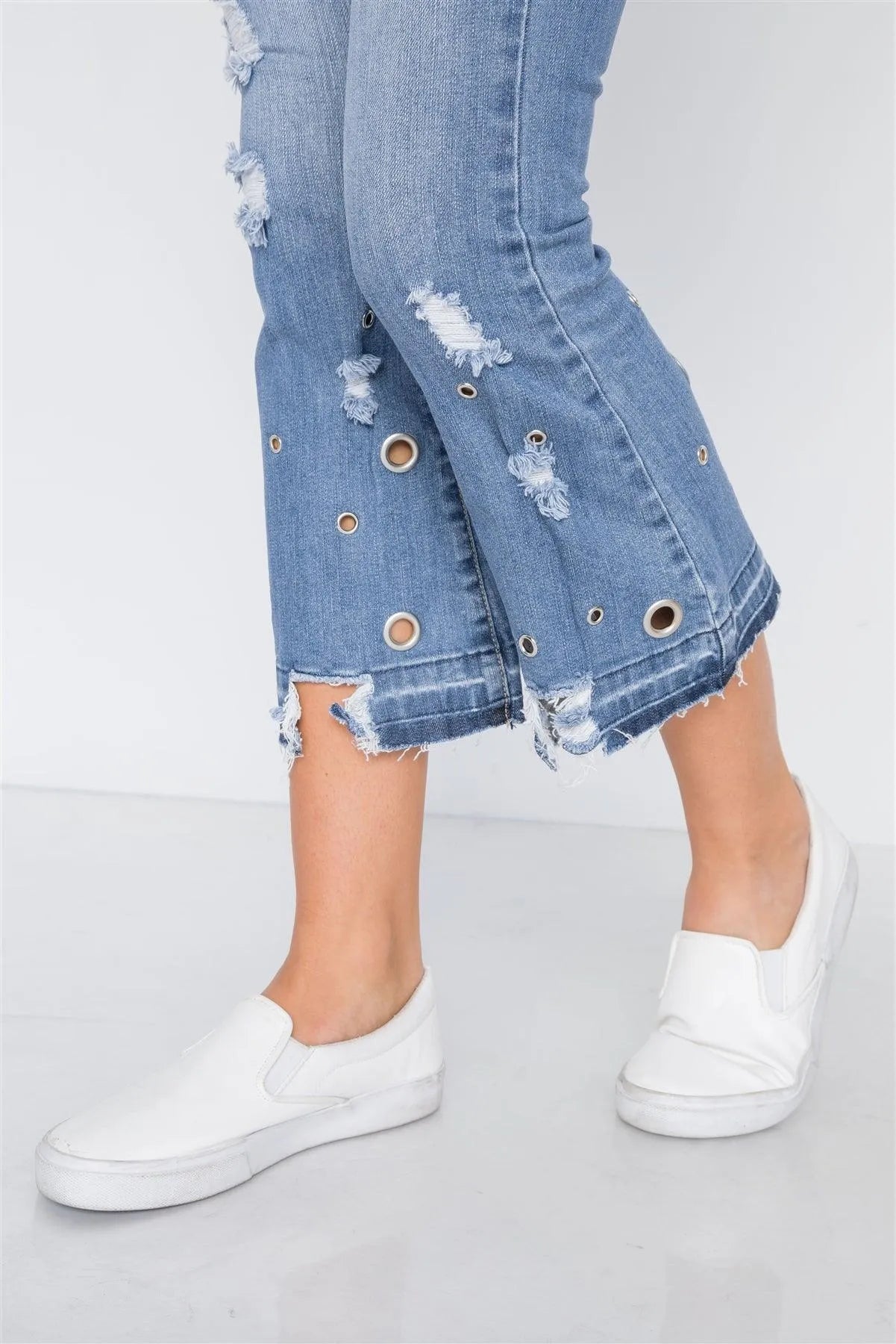 Medium Blue Denim Distressed Flare Ankle Jeans /2-3-3-2-2-2 - Tasha Apparel Wholesale