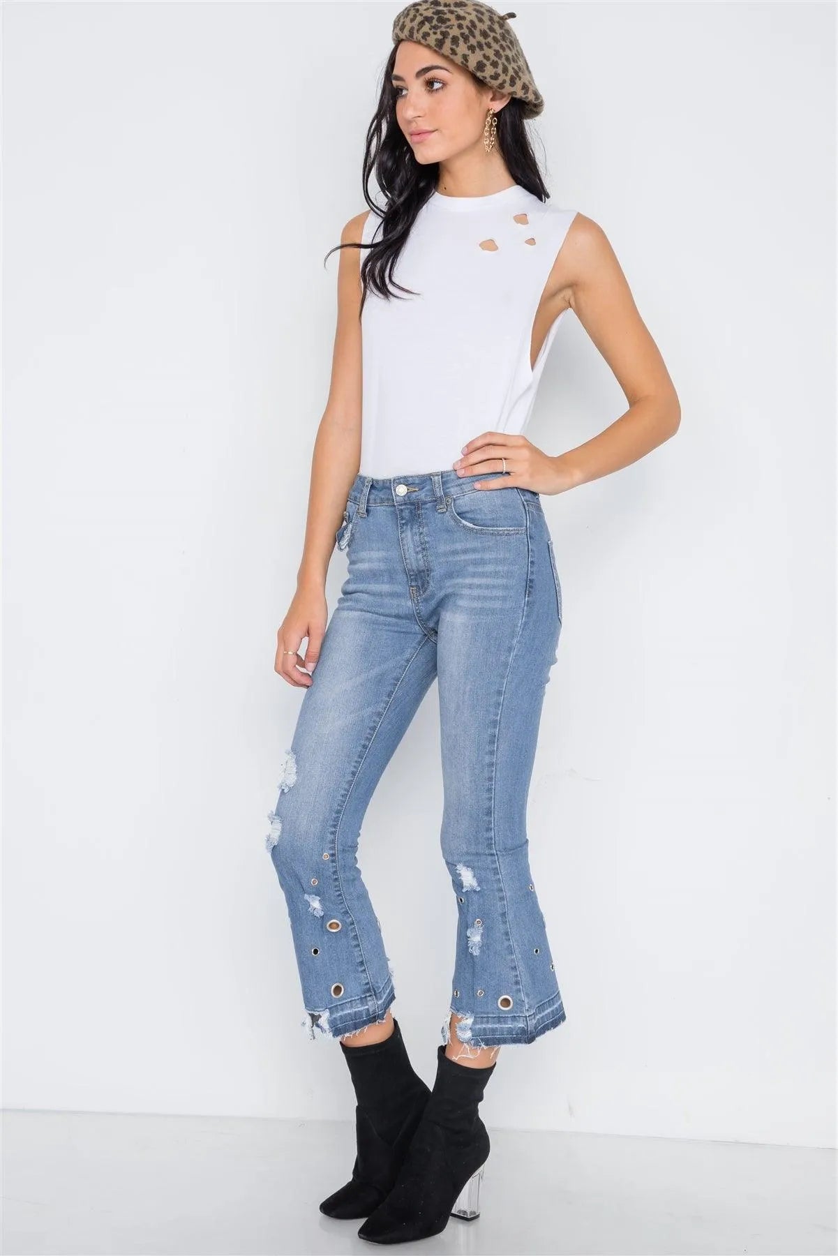 Medium Blue Denim Distressed Flare Ankle Jeans /2-3-3-2-2-2 - Tasha Apparel Wholesale