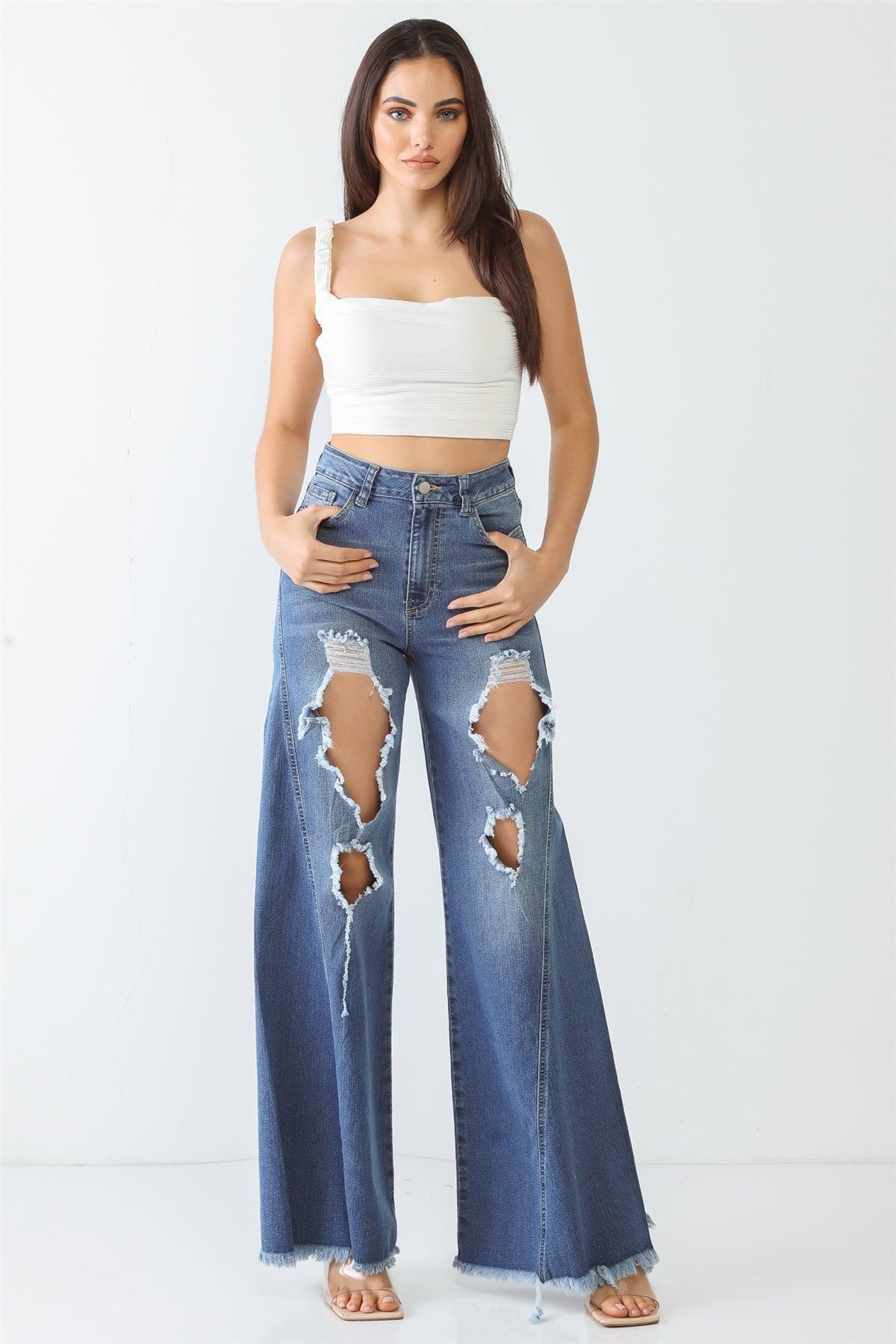 Denim Cotton Cut-Out Five Pocket High Waist Flare Jeans /4-3-2-1