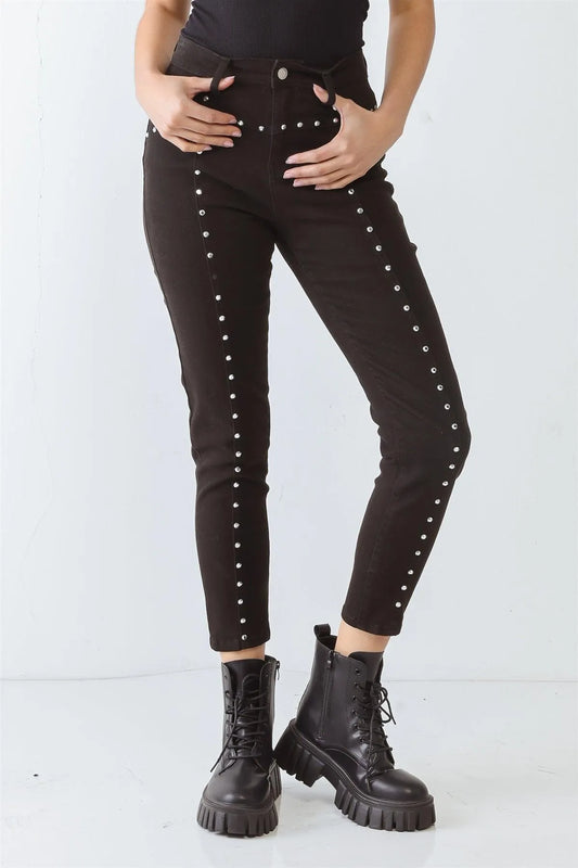 Black Cotton Skinny Rivet Two Pocket High Waist Pants - Tasha Apparel Wholesale