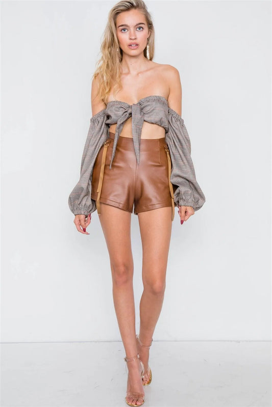Camel Faux Leather Retro Mini Shorts /2-2-2 - Tasha Apparel Wholesale