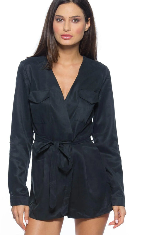 Black V-neck Long Sleeve Romper/3-2-1 - Tasha Apparel Wholesale
