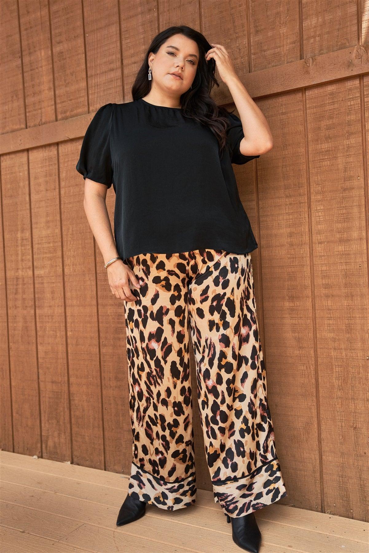 Junior Plus Taupe Combo Leopard Print Satin High-Waisted Wide Leg Pants