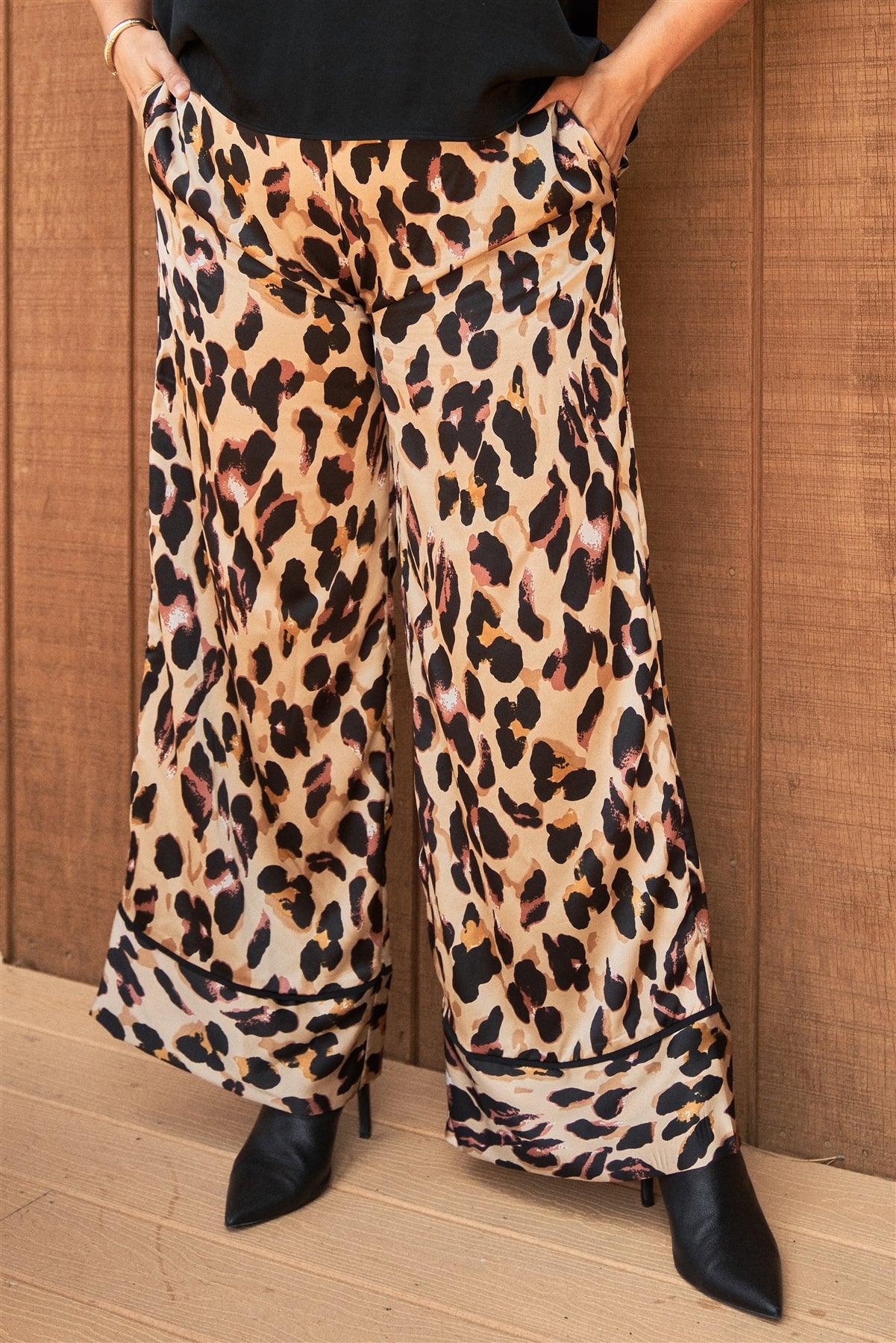 Junior Plus Taupe Combo Leopard Print Satin High-Waisted Wide Leg Pants