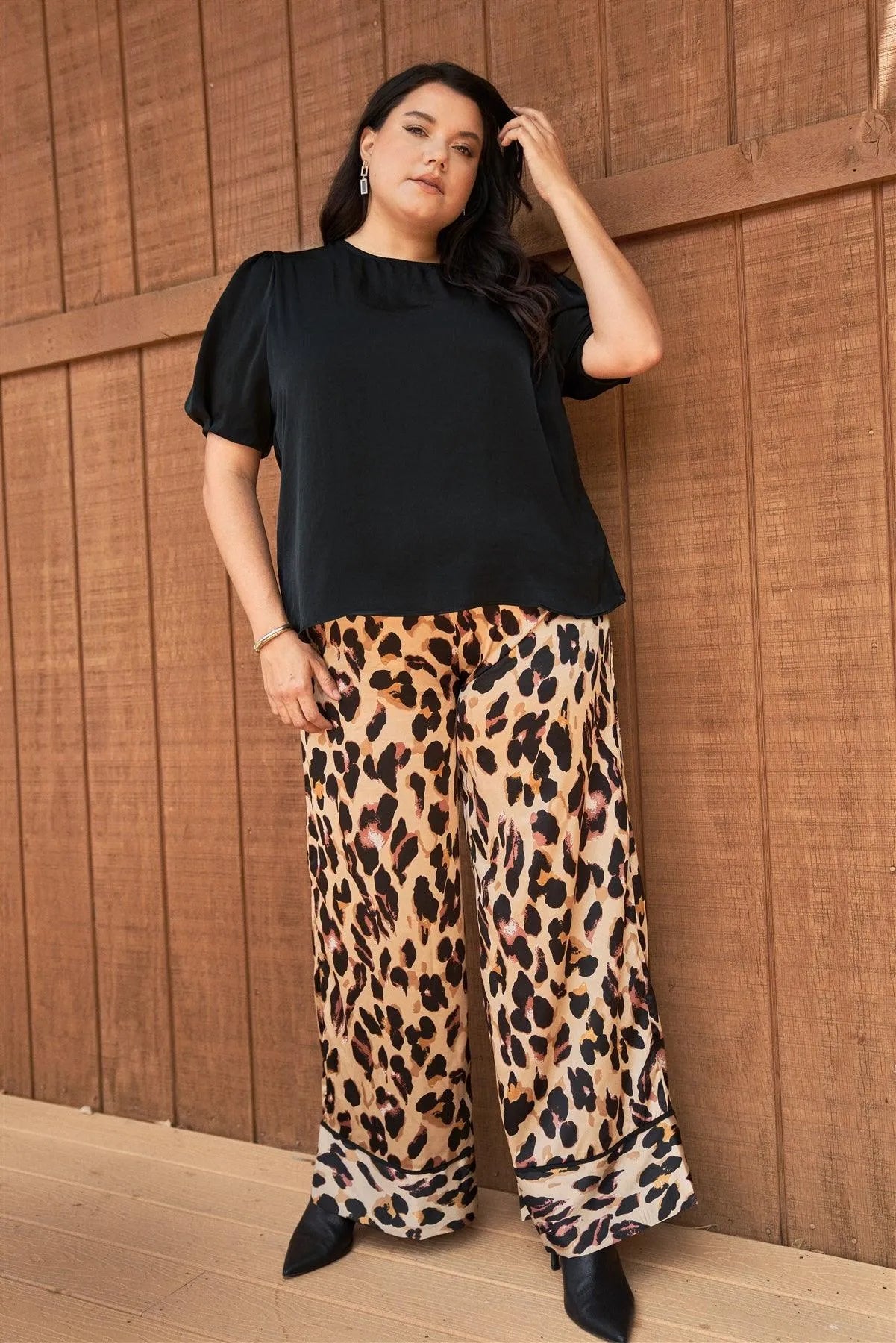 Junior Plus Leopard Print Satin Wide Leg Pants /2-2-2 - Tasha Apparel Wholesale