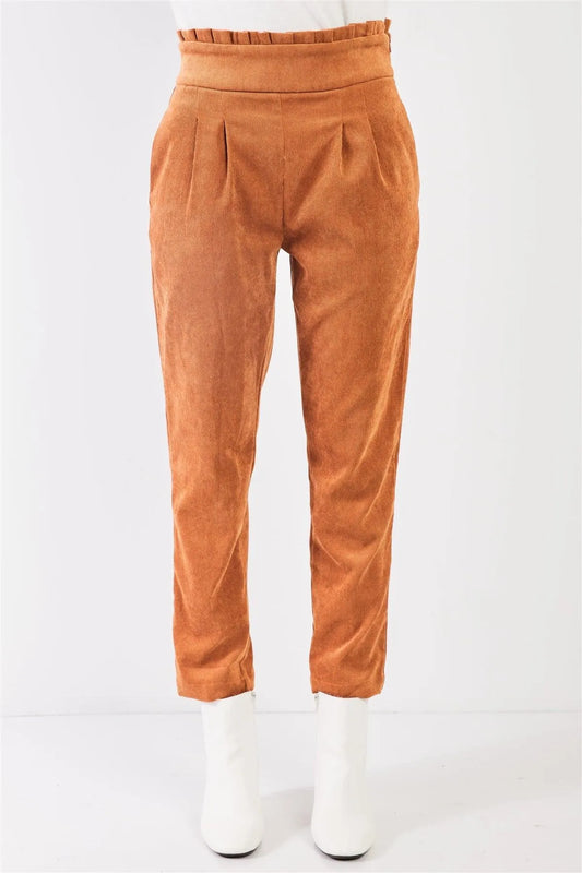 Caramel Corduroy Frill Hem High Waist Ovoid Pleat Peg Legged Crop Pants /3-2-1 - Tasha Apparel Wholesale
