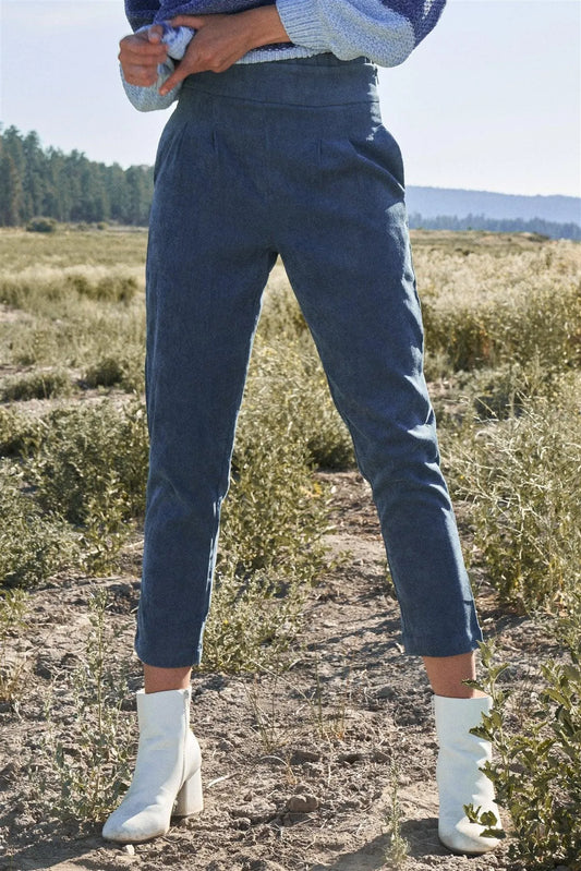 Slate Blue Corduroy Frill Hem High Waist Legged Crop Pants /3-2-1 - Tasha Apparel Wholesale