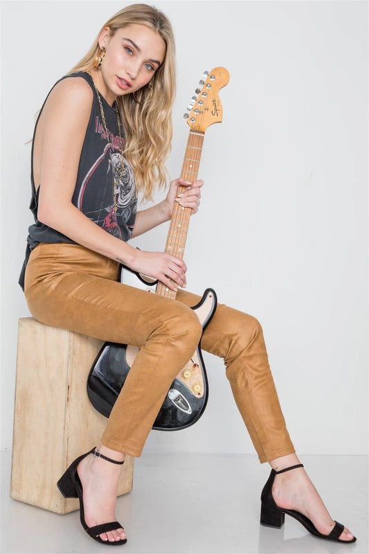 Camel Mid-Rise Faux Suede Skinny Pants /2-2-2 - Tasha Apparel Wholesale